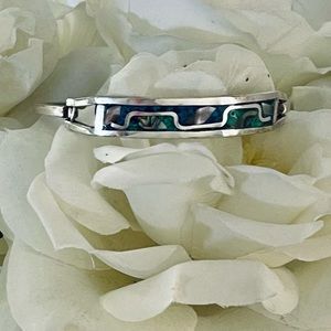 Vintage Mexican made Inlay Mother of Pearl and silver hinged bracelet